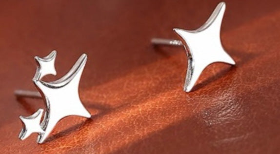 Asymmetric Sterling Silver 4-pointed star Ear studs