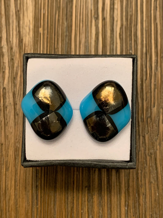 Fused glass "Black and Blue" ear studs