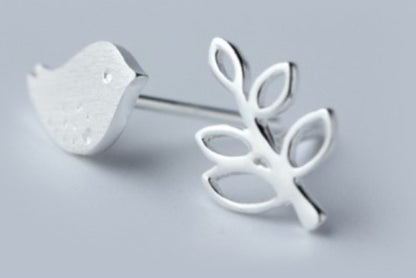 Asymmetrical Sterling Silver Bird and Branch Ear studs